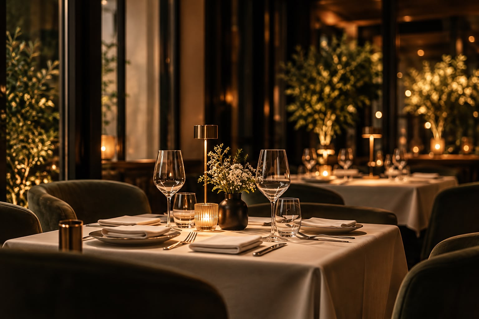 Table dressée avec verres à vin, ambiance restaurant raffinée